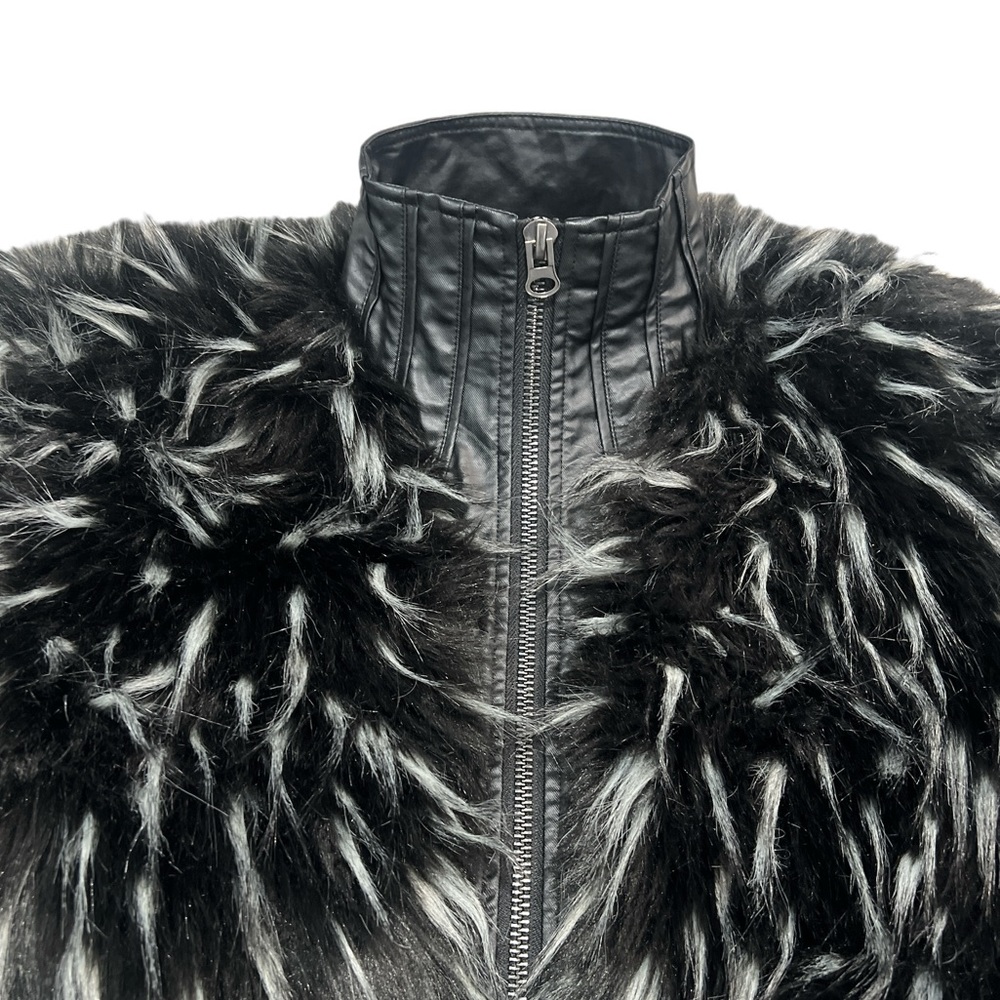 Punk Rave Gothic Black White Cropped Fur Jacket - Picture 9 of 15